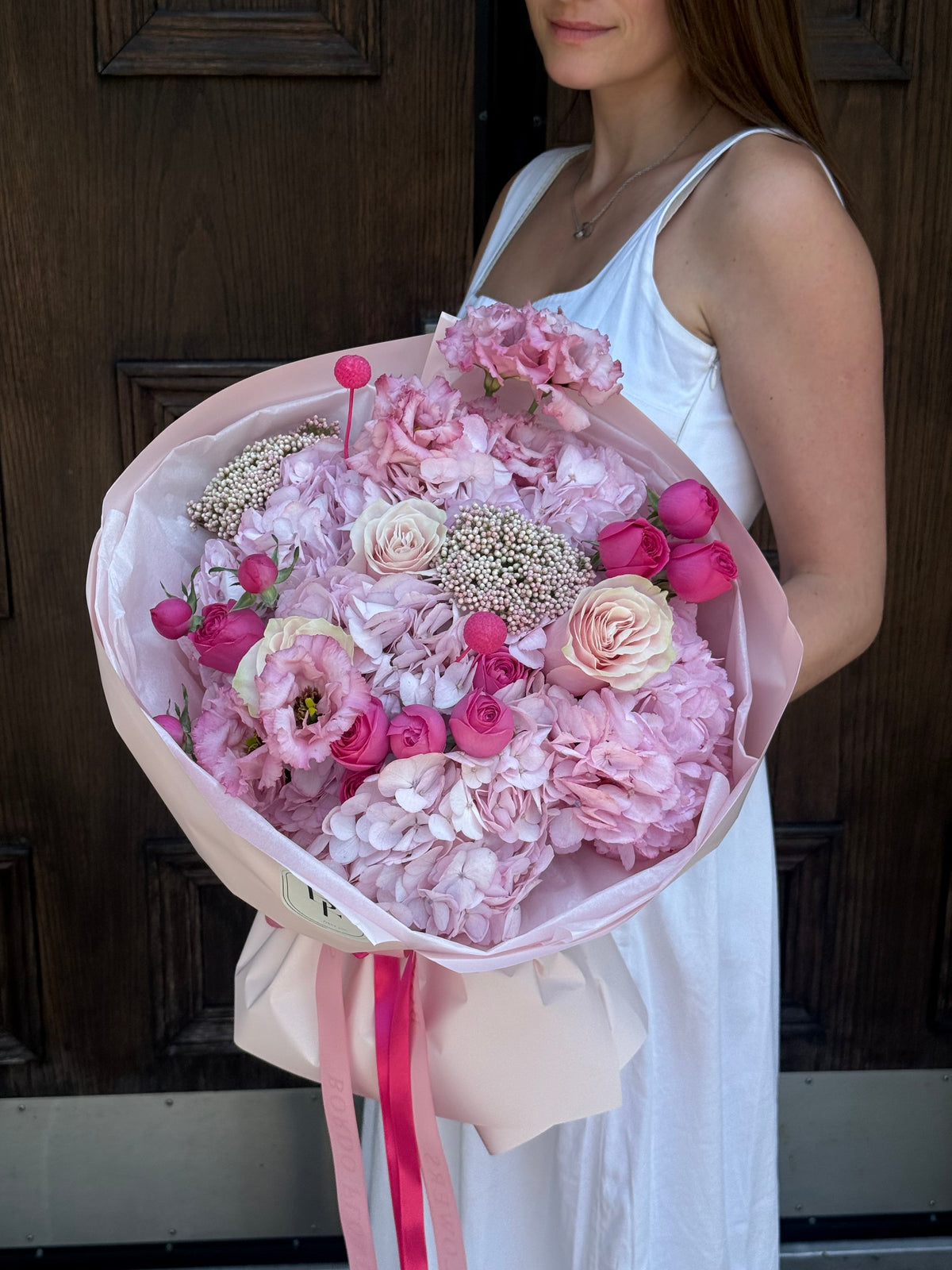 “Cherry Kiss” pink and red flower bouquet with garden roses