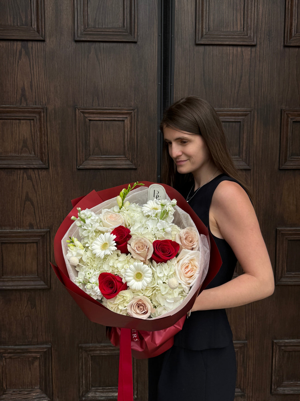 “Cutie Red” romantic red and white bouquet in refined wrapping