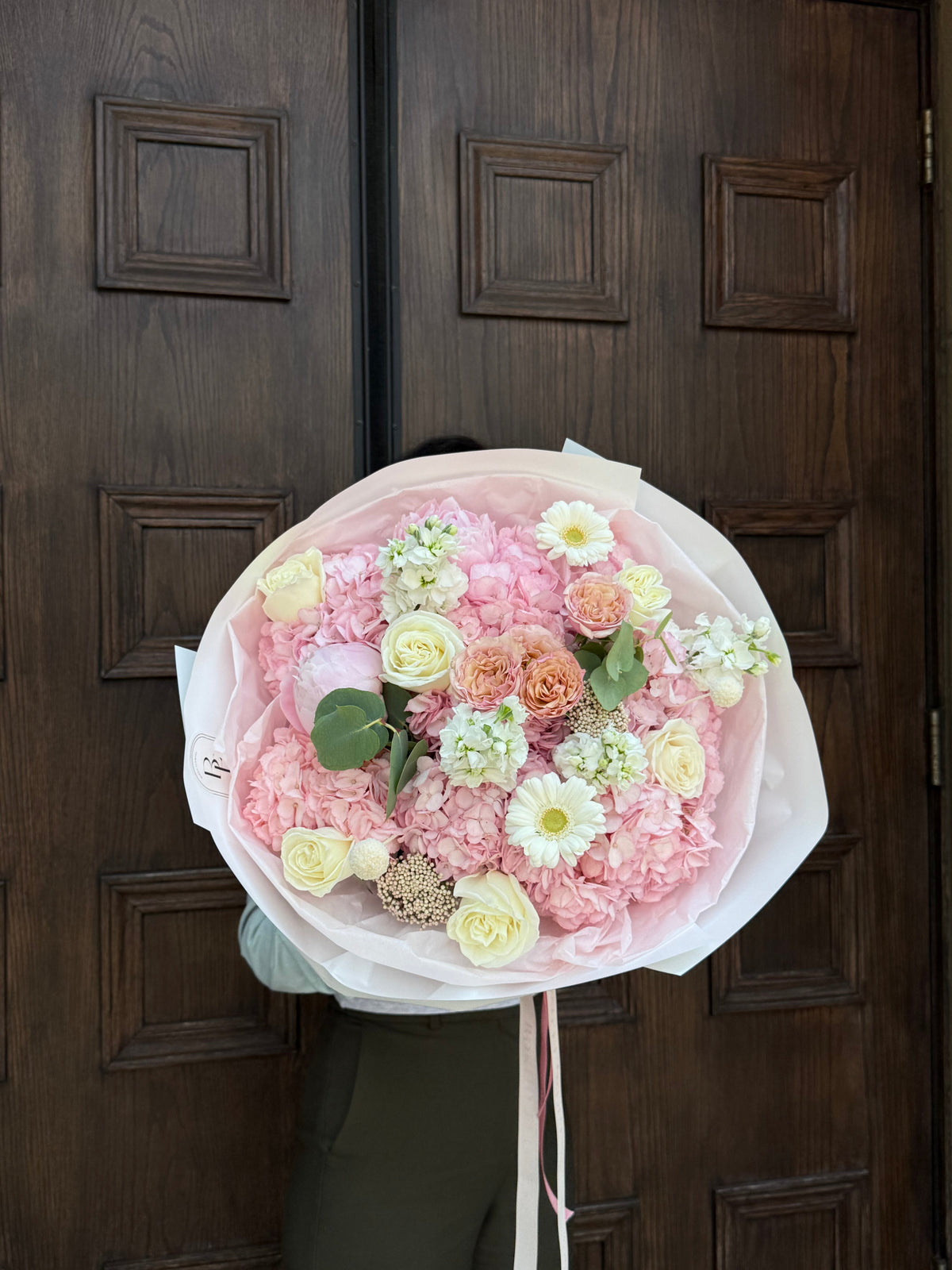 “Amina” romantic blush pink and white bouquet in elegant wrapping