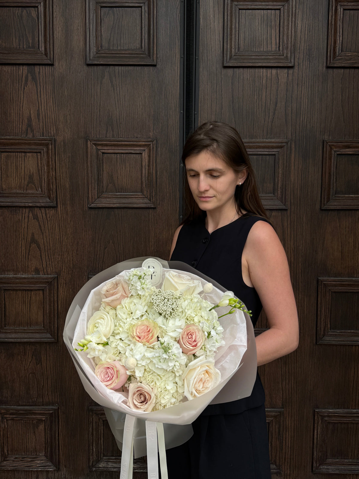 “Love Letter” blush pink, beige, and white flower bouquet