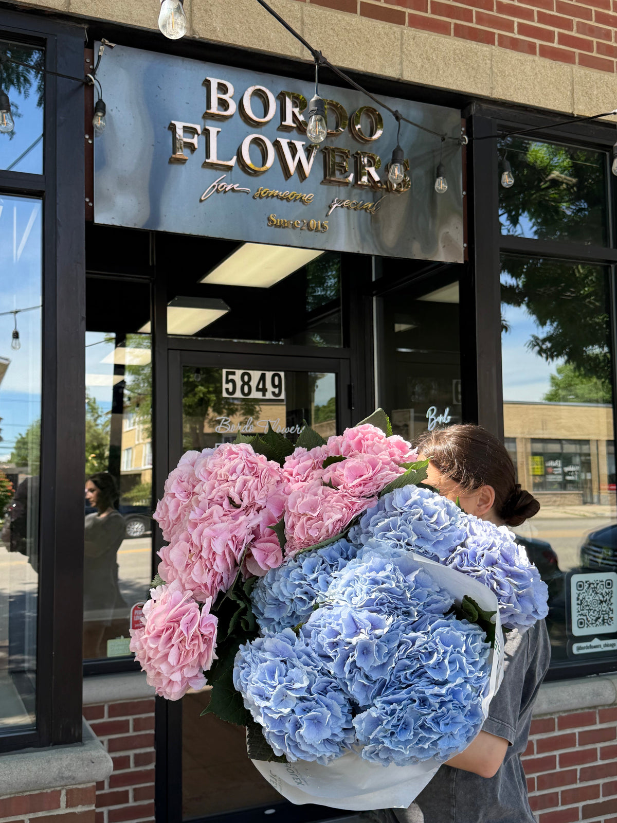 “Dutch Hydrangeas” bouquet with white, blue, and pink hydrangeas