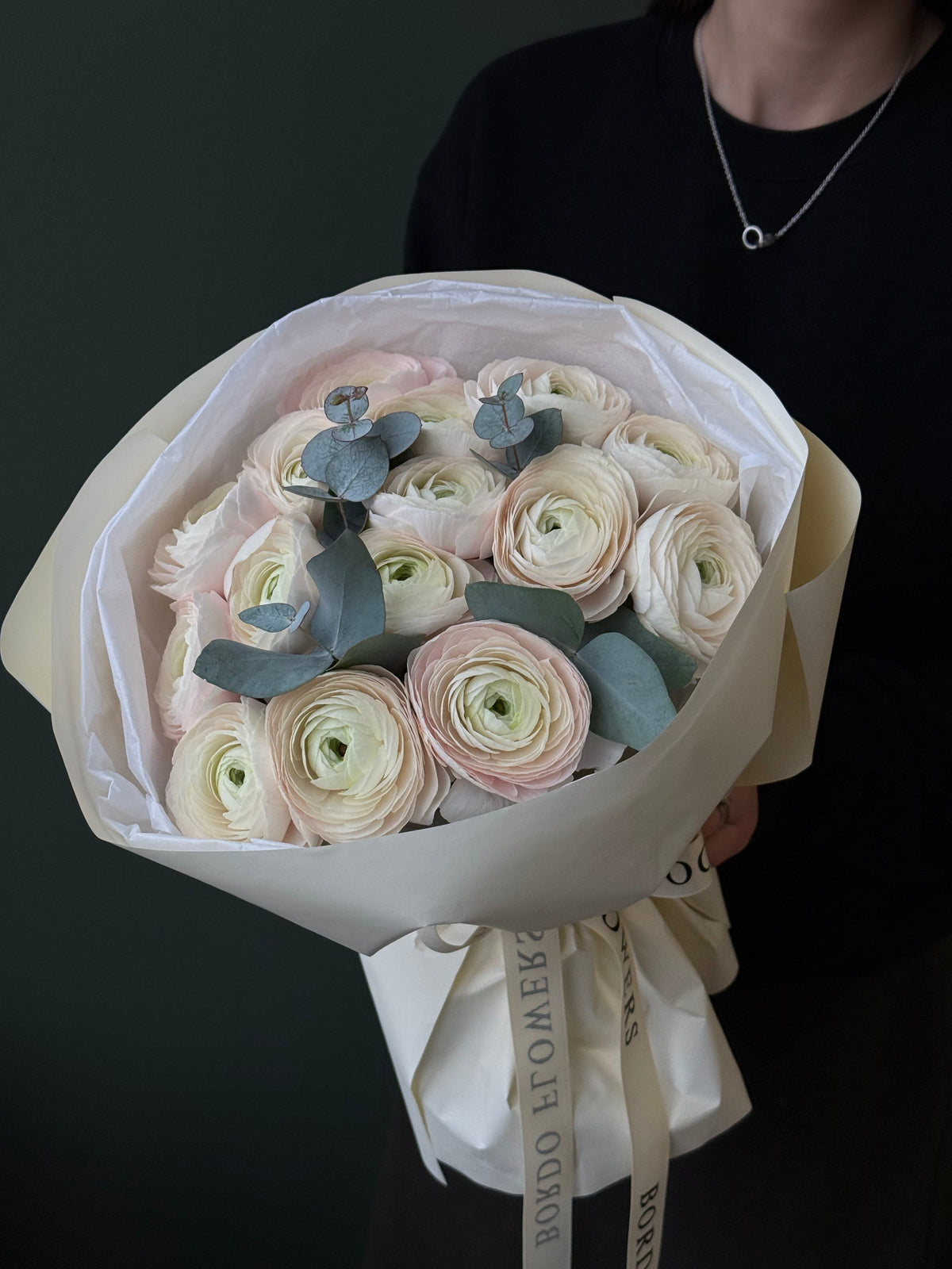 "Soft Muse" ranunculus bouquet: 5-20 stems of delicate, graceful blooms. Includes carry bag and aqua box for larger sizes. Photo confirmation before delivery in Dallas TX.