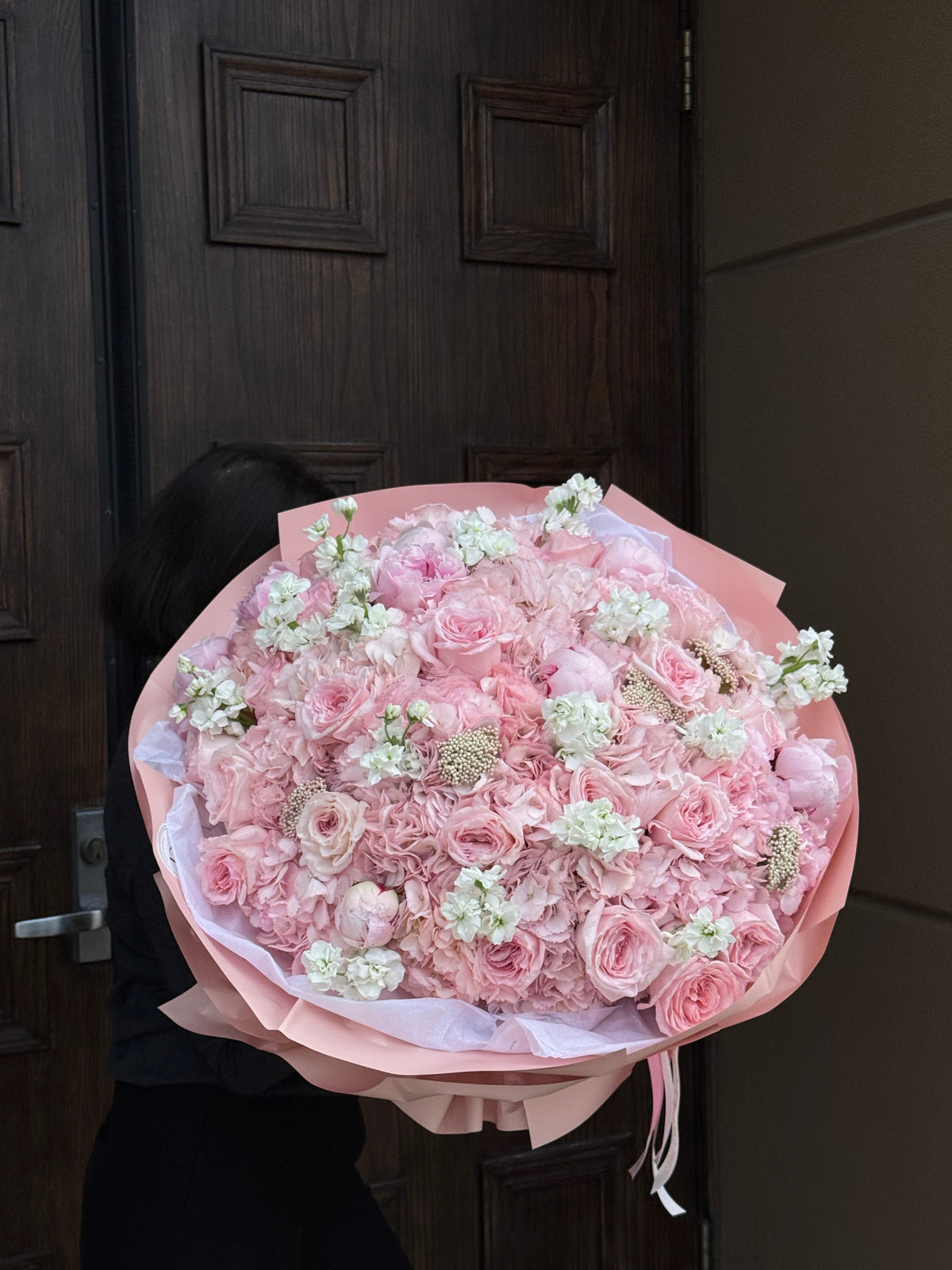 "All She Wants" bouquet: 25 hydrangeas, garden roses, or peonies in a soft, romantic style. Vase included. Photo confirmation sent before delivery in Dallas TX.