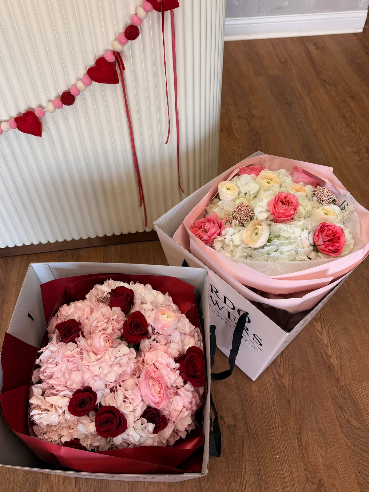 “Be Mine” pink and red flower bouquet with hydrangeas and roses