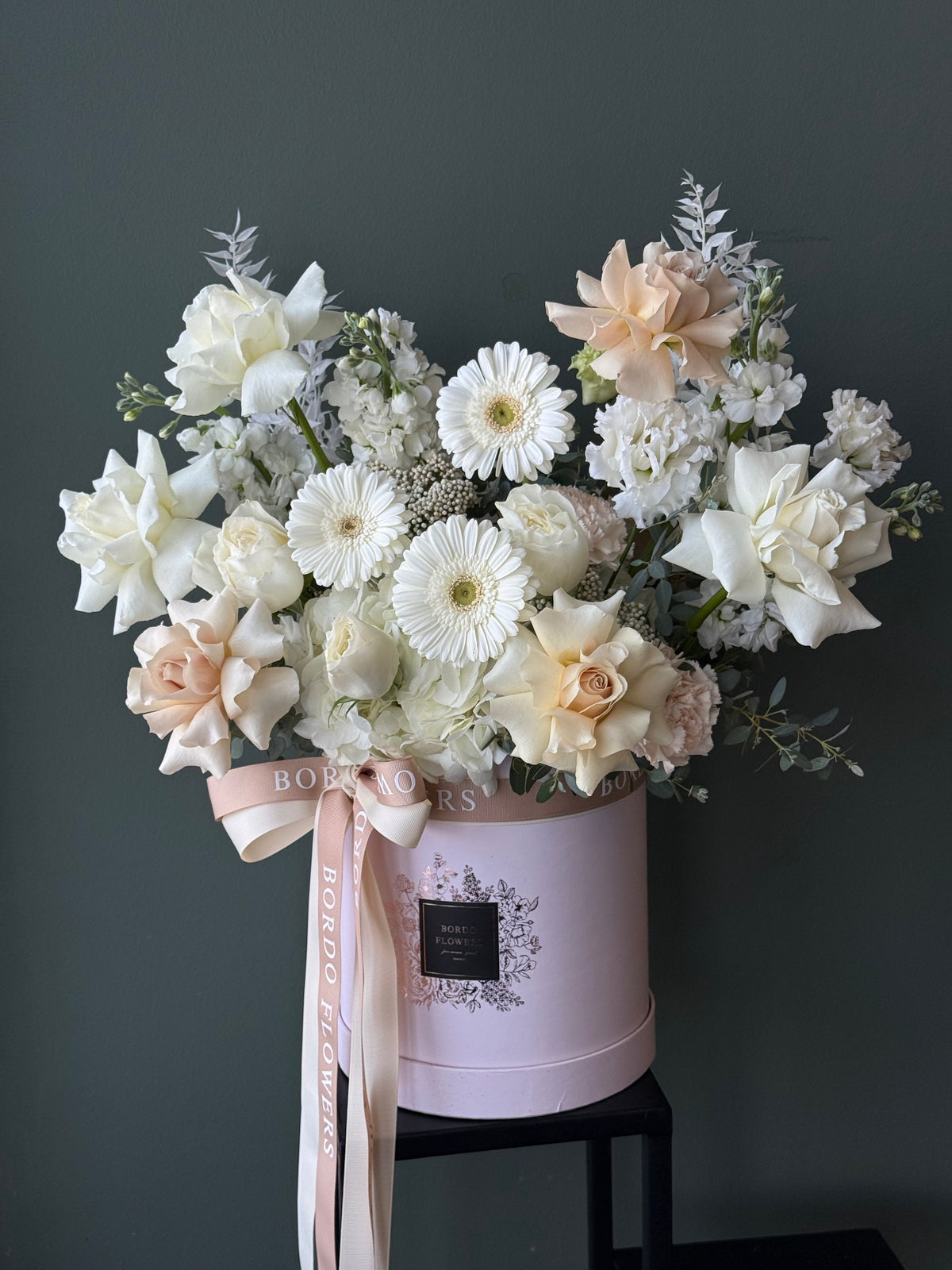 "Anghelina" box: timeless all-white floral composition in a beige or grey box. Clean and elegant aesthetic. Wet floral sponge included. Dallas TX delivery.