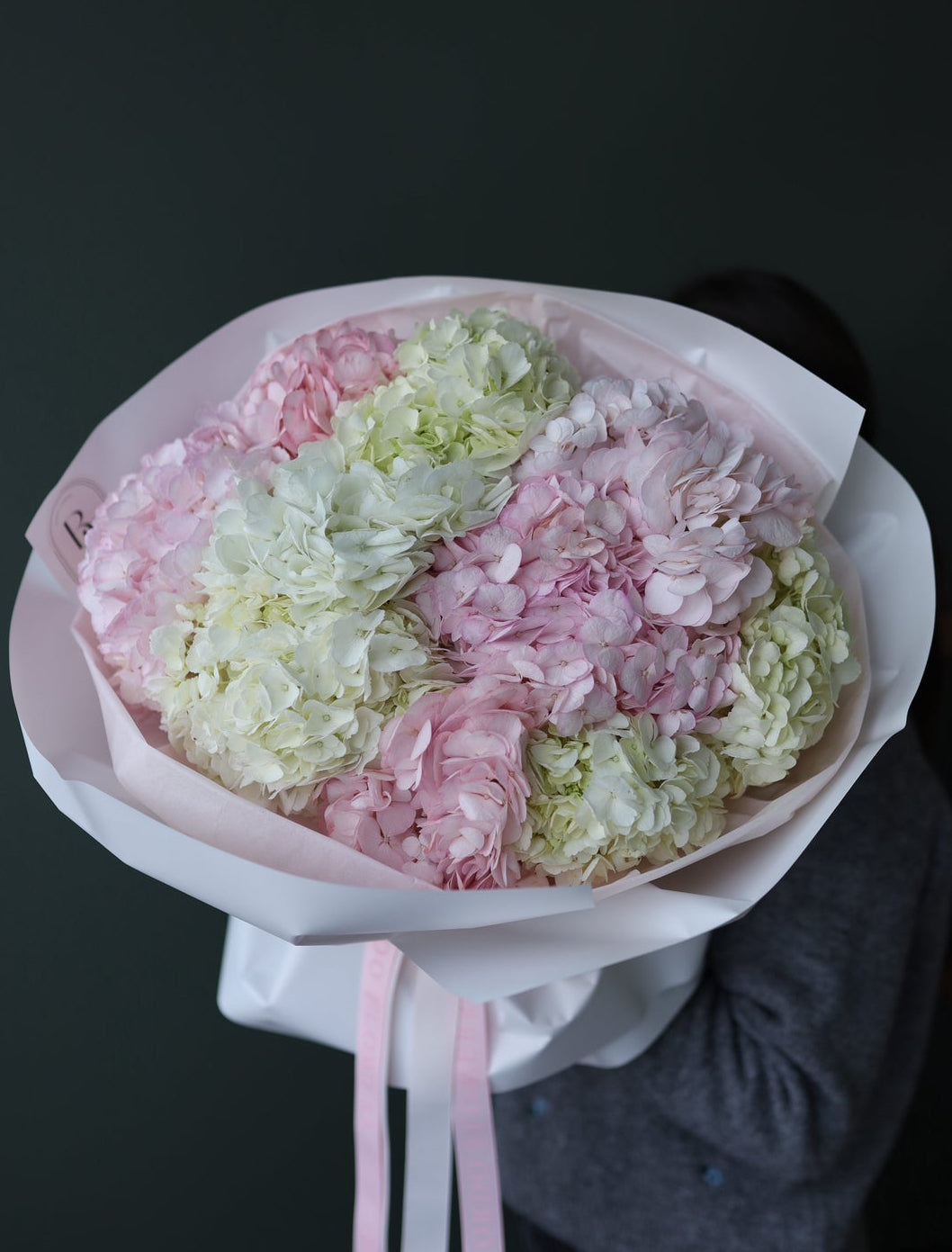 “Clouds” pink and white hydrangea bouquet in soft pink wrapping Delivery in Dallas TX