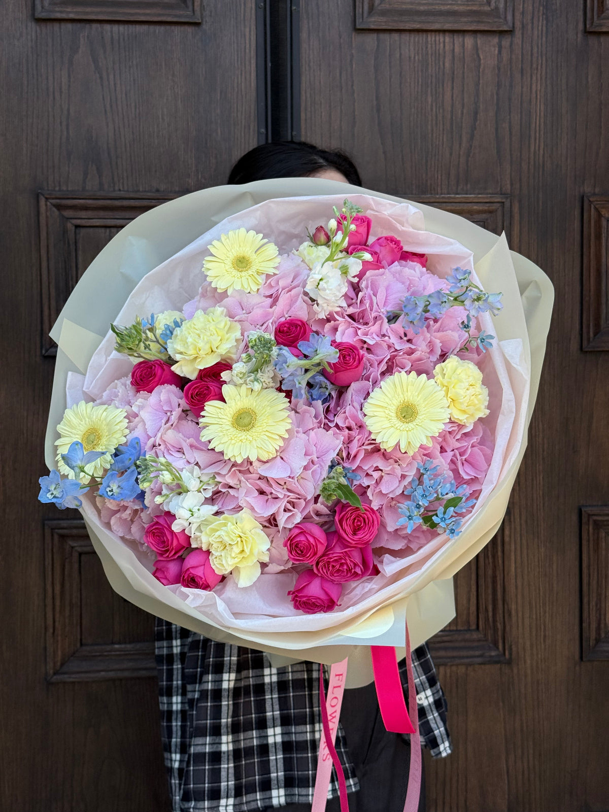 “Walk on Sunshine” spring flower bouquet with hydrangeas and peonies