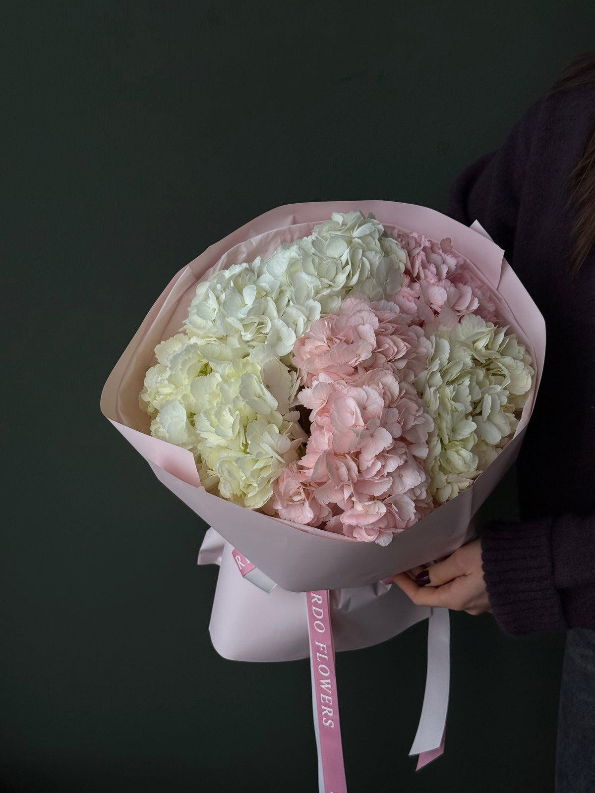 Full pink and white hydrangea bouquet with delicate ribbon Delivery in Dallas TX