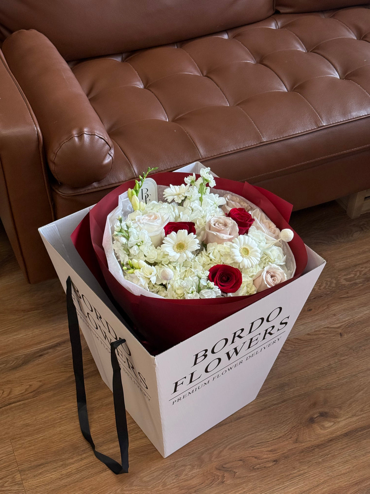 “Cutie Red” red and white flower bouquet with soft ribbon