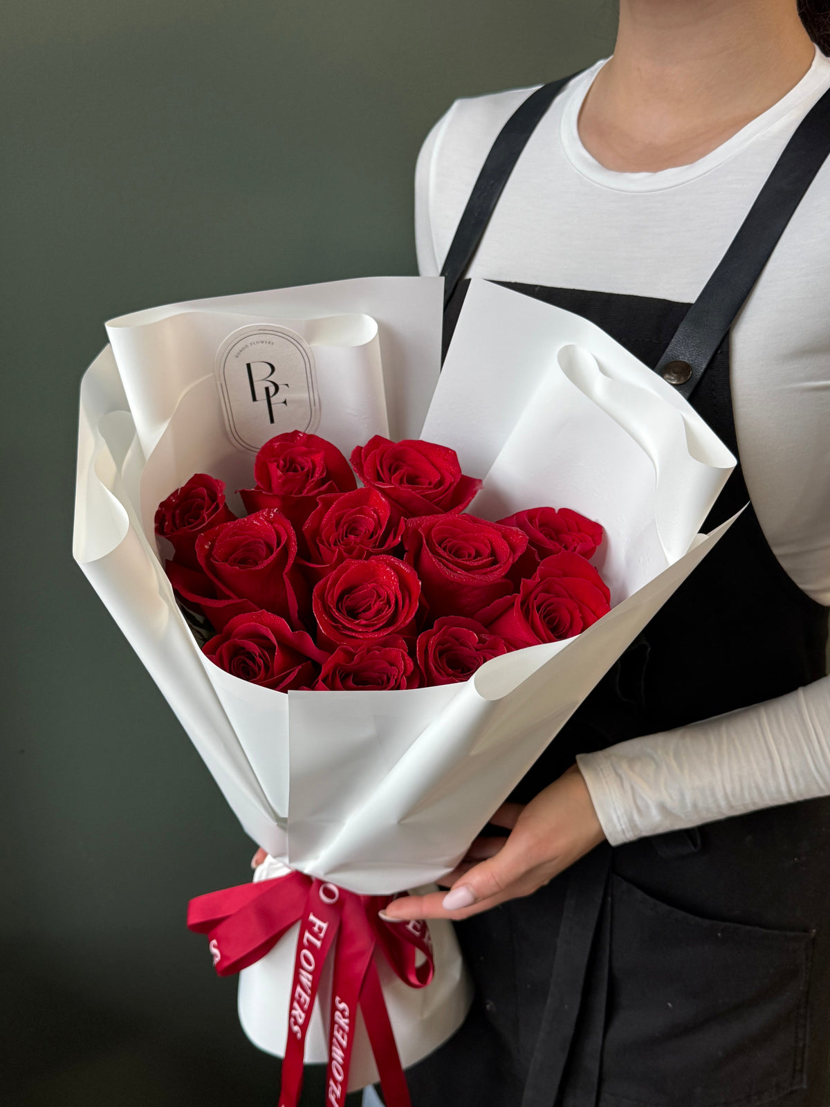 “Dozen of Red Roses” premium red rose bouquet with signature ribbon