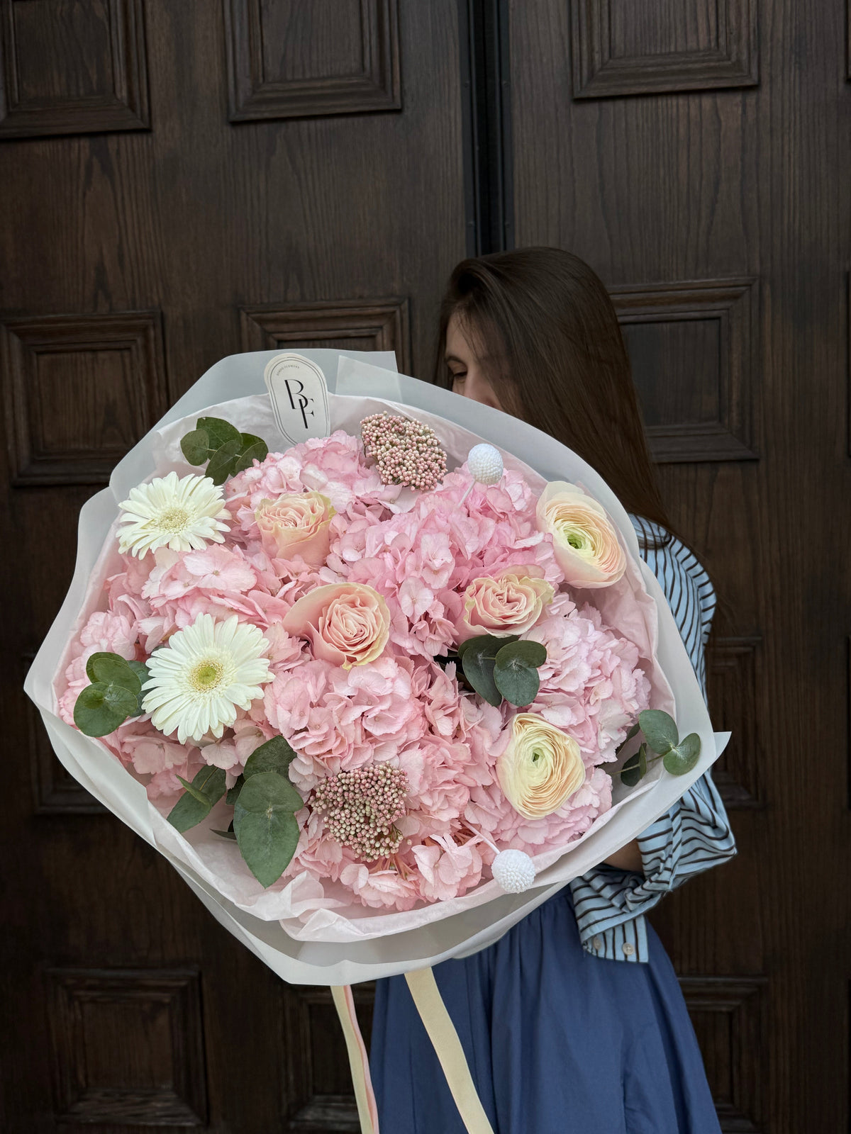 “Amina” white and blush pink flower bouquet with soft ribbon
