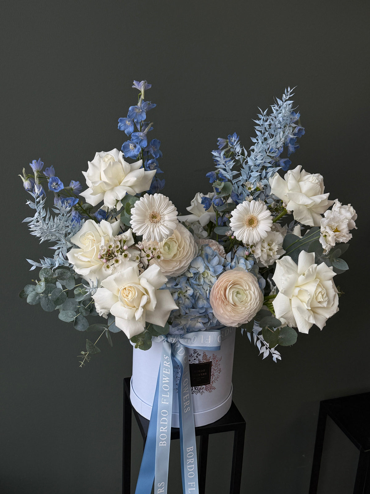 “Blue Bell” floral box with soft blue and white flowers