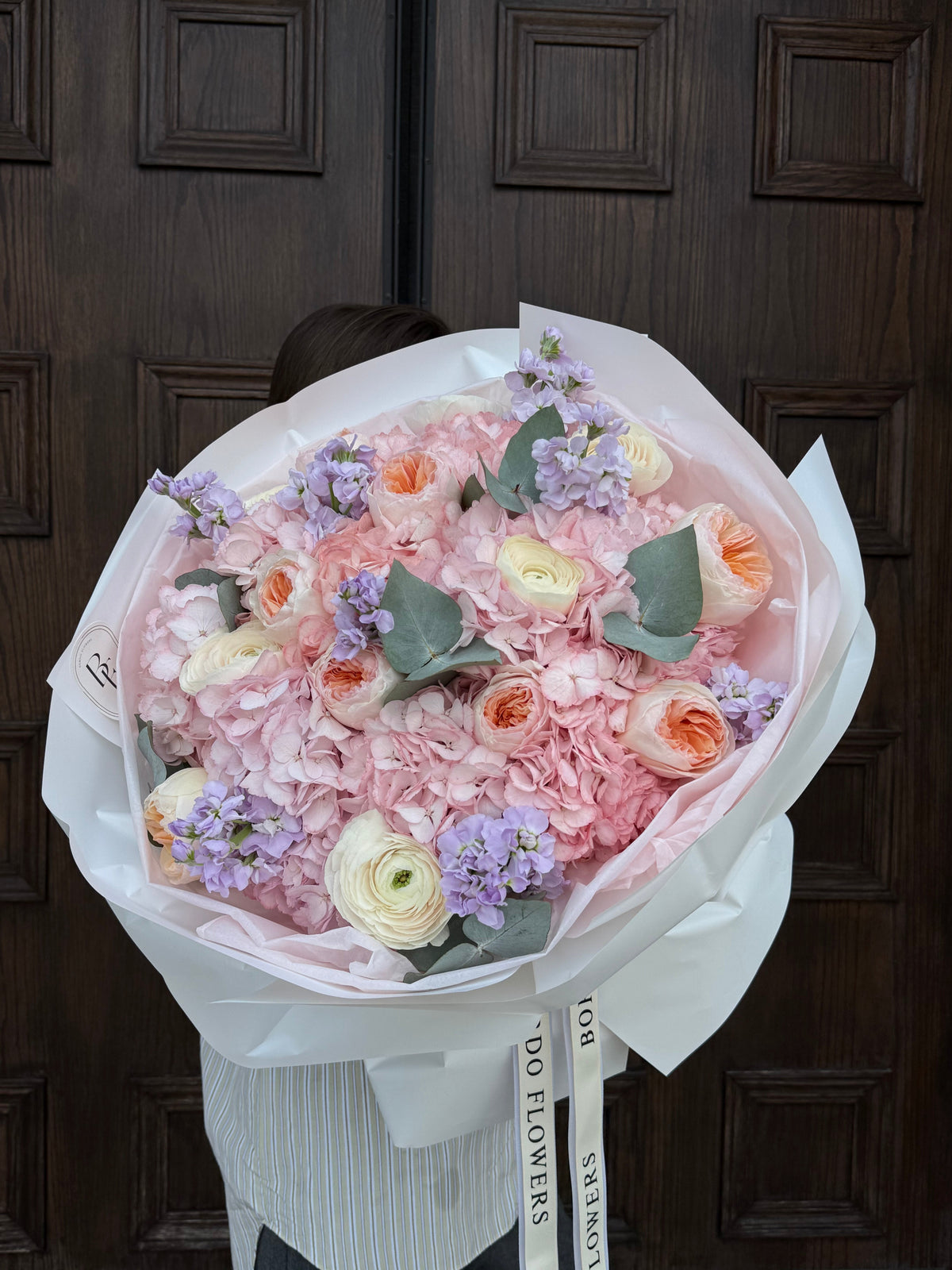 Lilybeth bouquet in Dallas TX, “Lilybeth” pastel flower bouquet with hydrangeas and Juliet garden roses