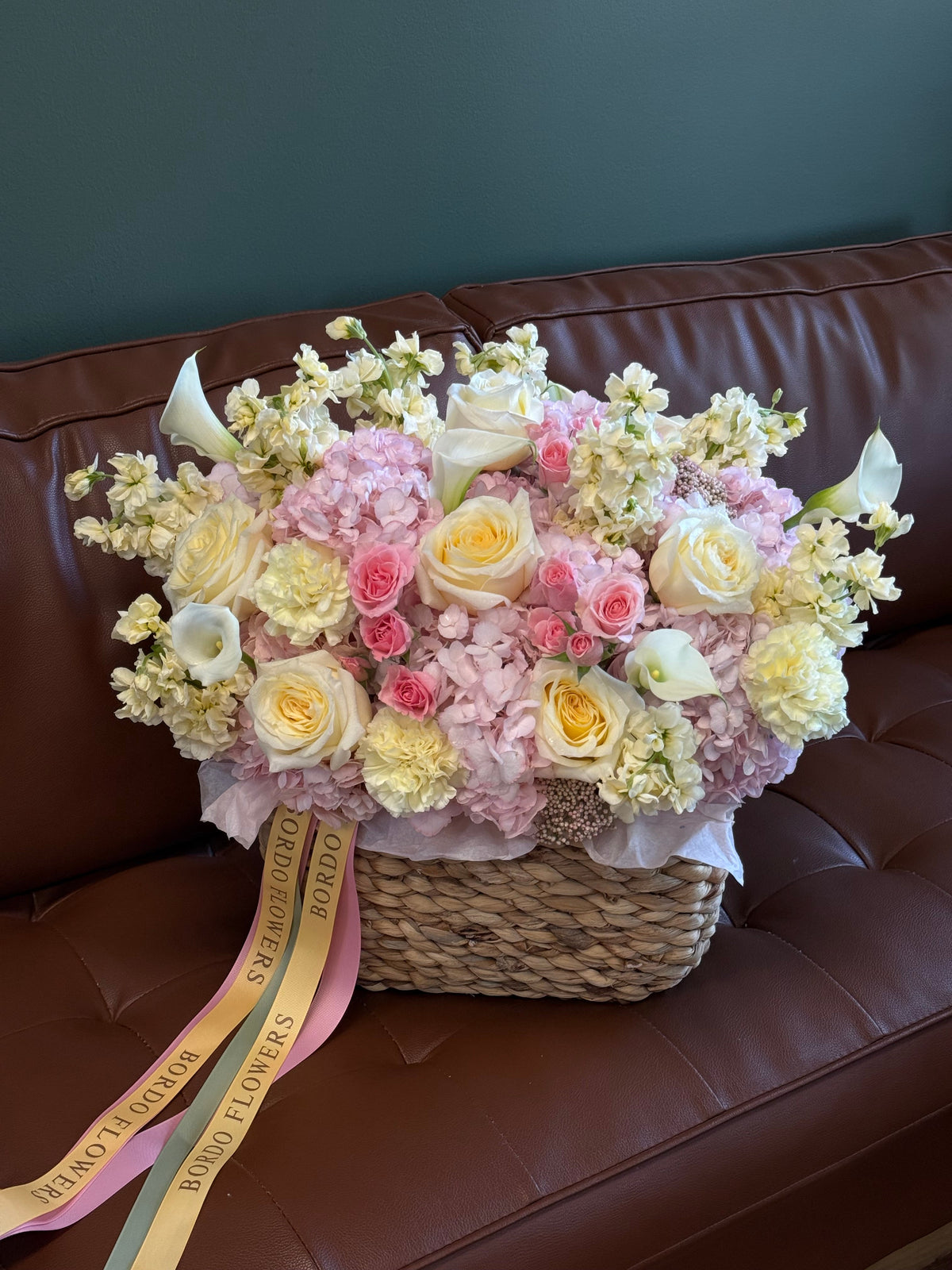 “Amore” Italian-inspired flower basket with pink hydrangeas and roses