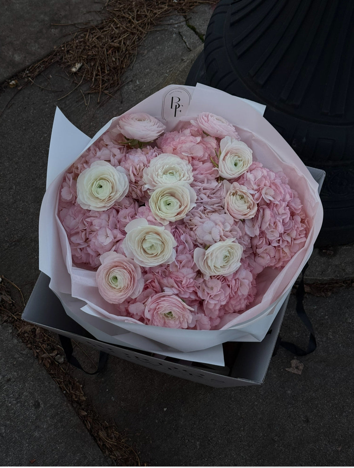"Once upon a time": classic rounded bouquet with 7 hydrangeas and 10 ranunculuses. Elegant silhouette. Includes carry bag and aqua box. Dallas TX delivery.