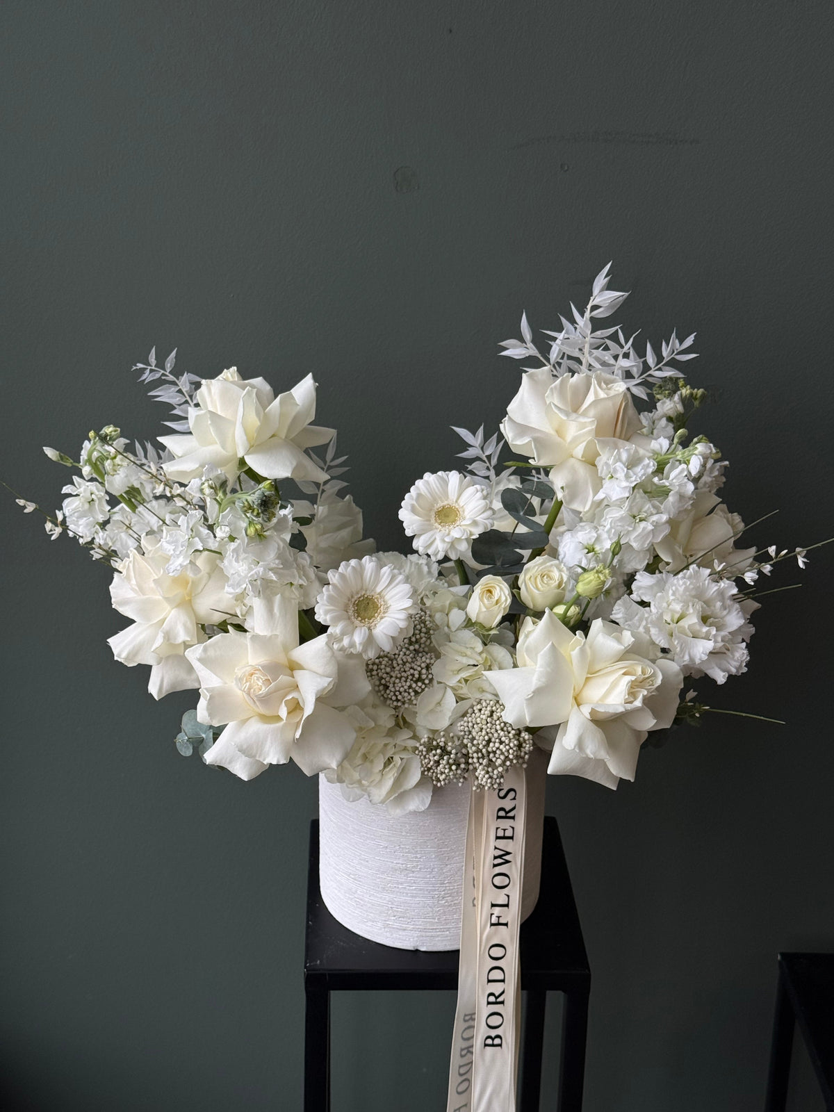 “Playa Blanca” white flower vase arrangement with refined styling