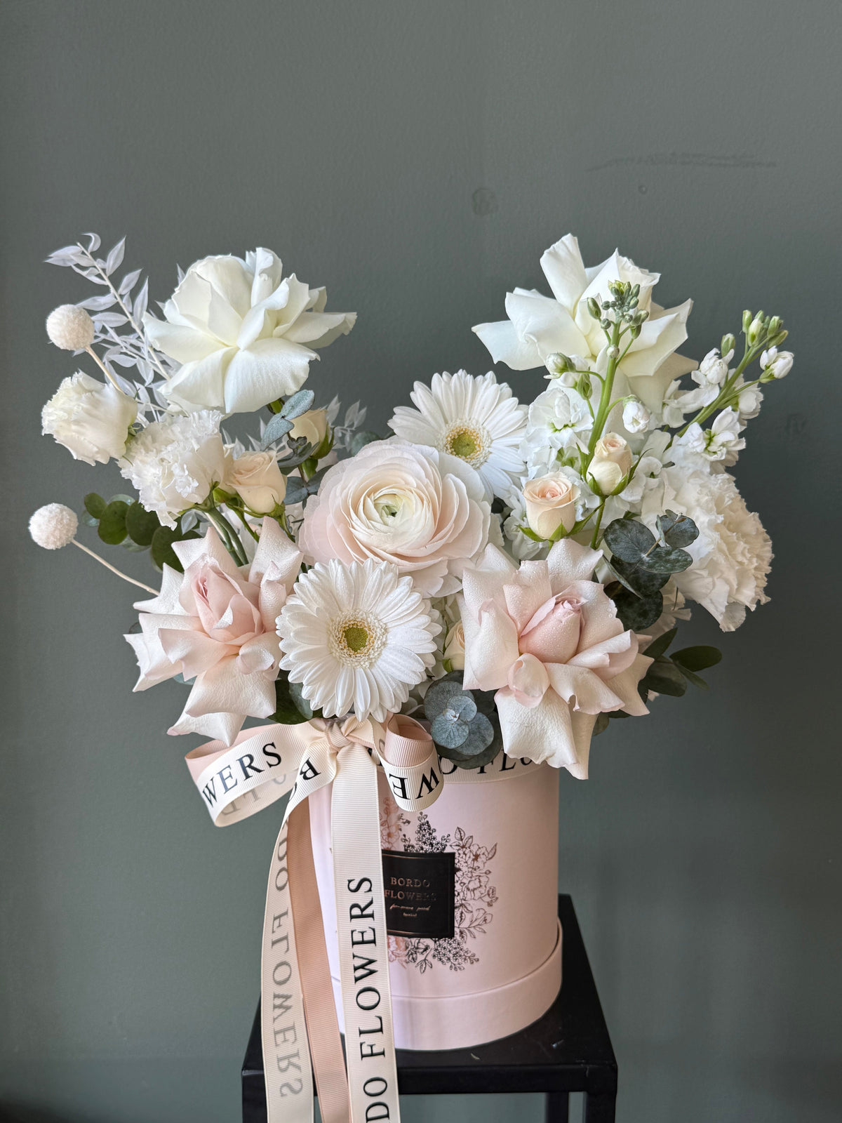 “Anghelina” all-white floral box arrangement in a beige or grey box