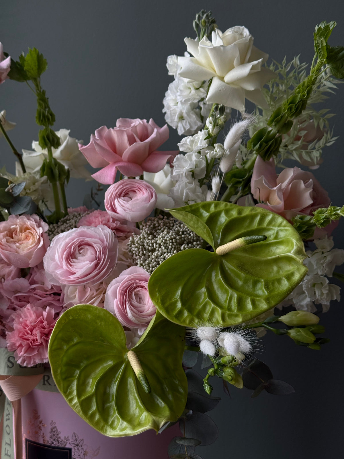 “Most Wanted” large white and pink floral arrangement with green anthurium