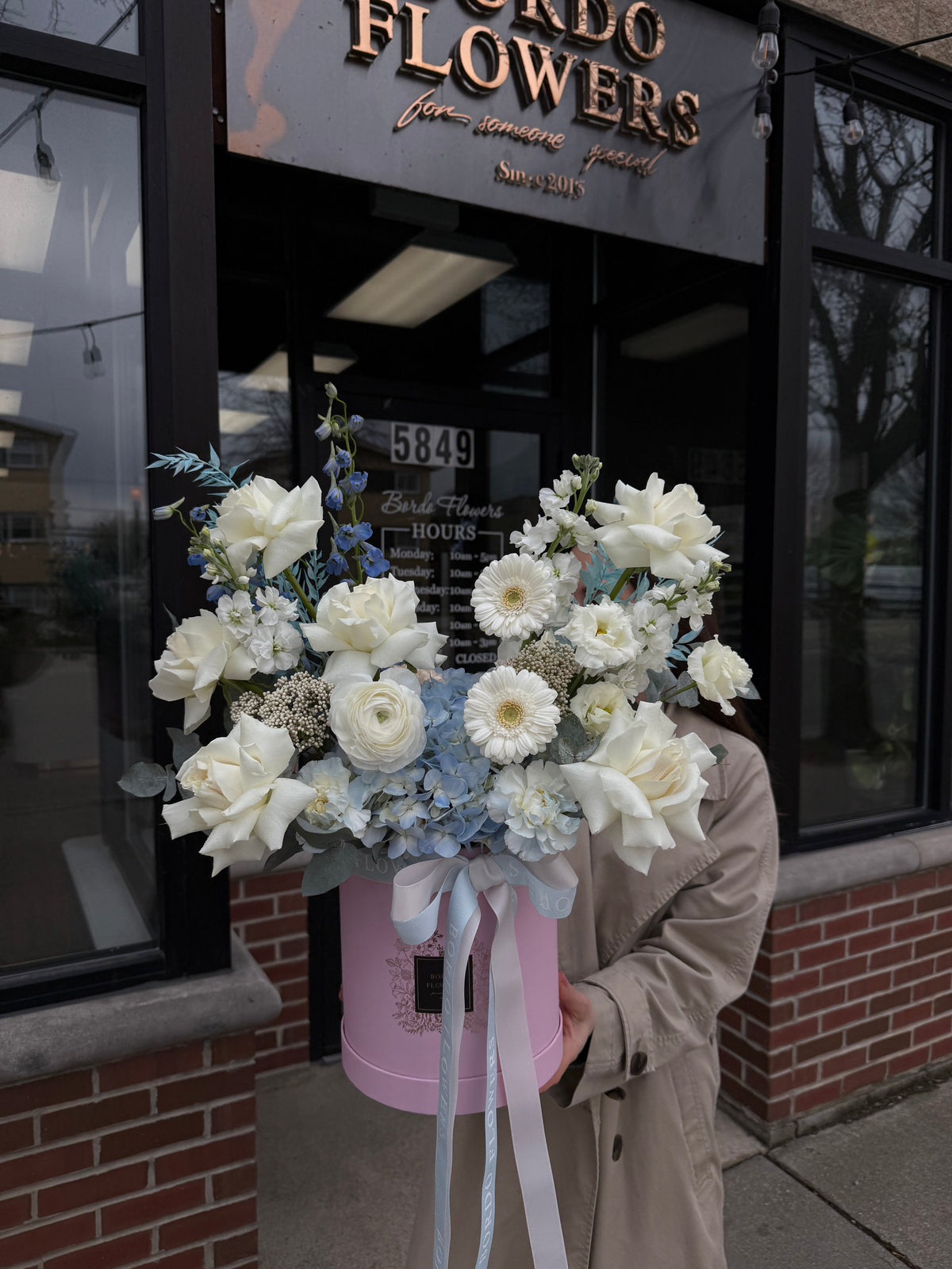 “Blue Bell” blue and white floral box arrangement